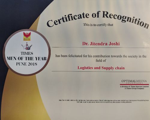 This is to certify that Dr. Jitendra Joshi has been facilited for his contribution towards the society in the field of Logistics.