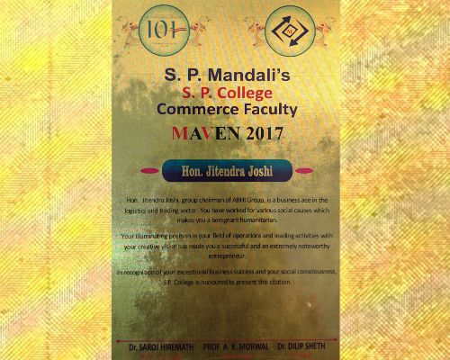 In recognition of your exceptional business success and Social Consciousness, S.P. College is honoured to present this citation.