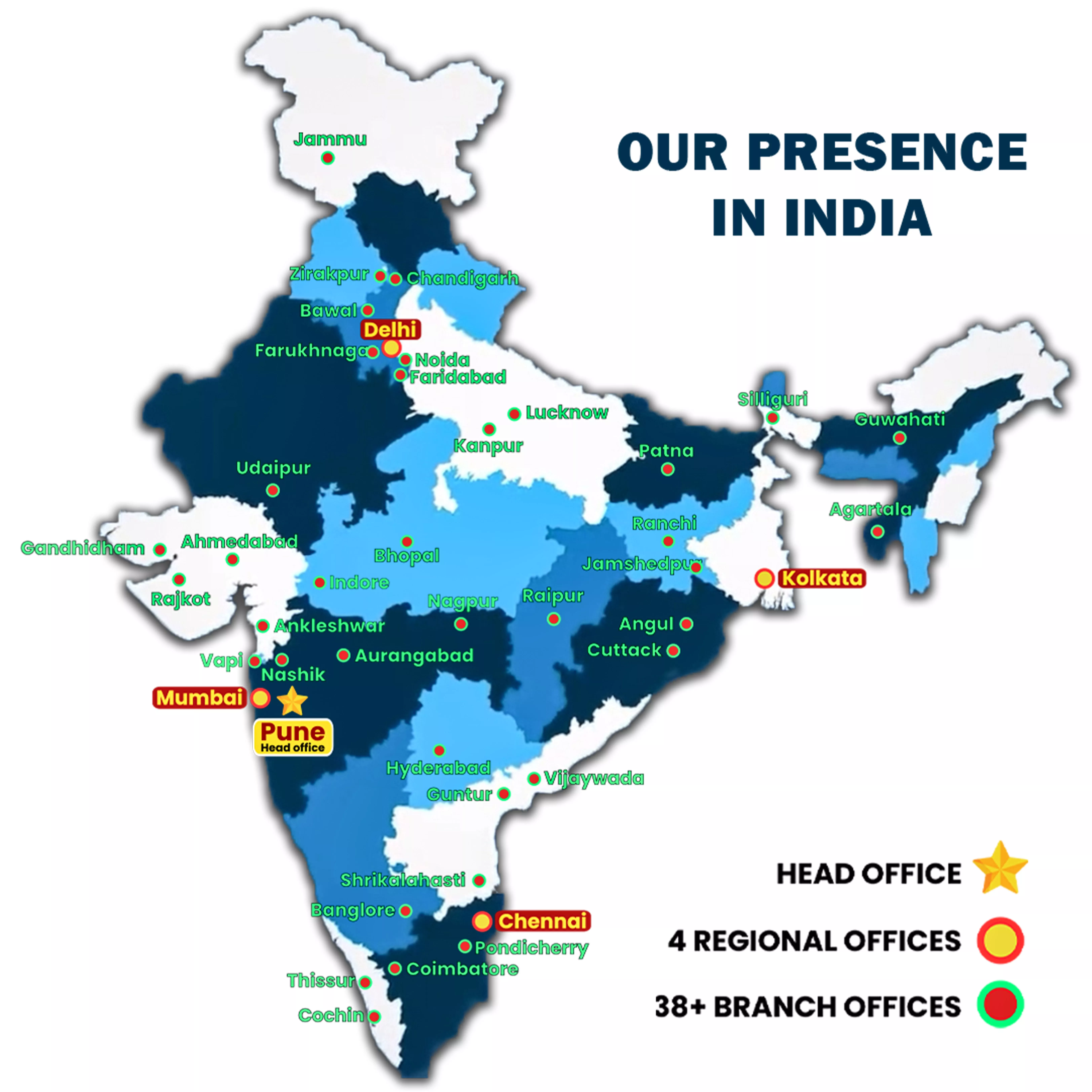 Map of India showcasing ASH Logistics' presence with head office, regional offices, and 38+ branch offices.