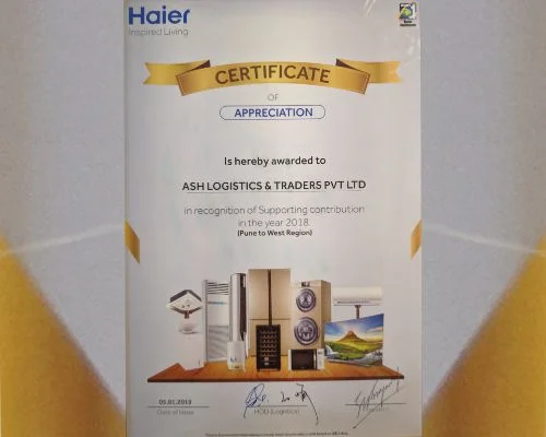 Haier India awarded Ash Logistics and Traders Pvt. Ltd. in recognition of logistics services provided in the year 2018 